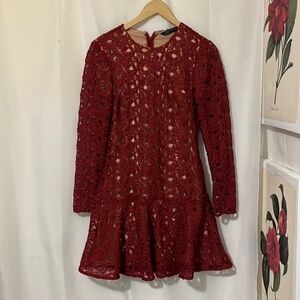 Zara Lace Red Nude Lined Long Sleeve Dress a166